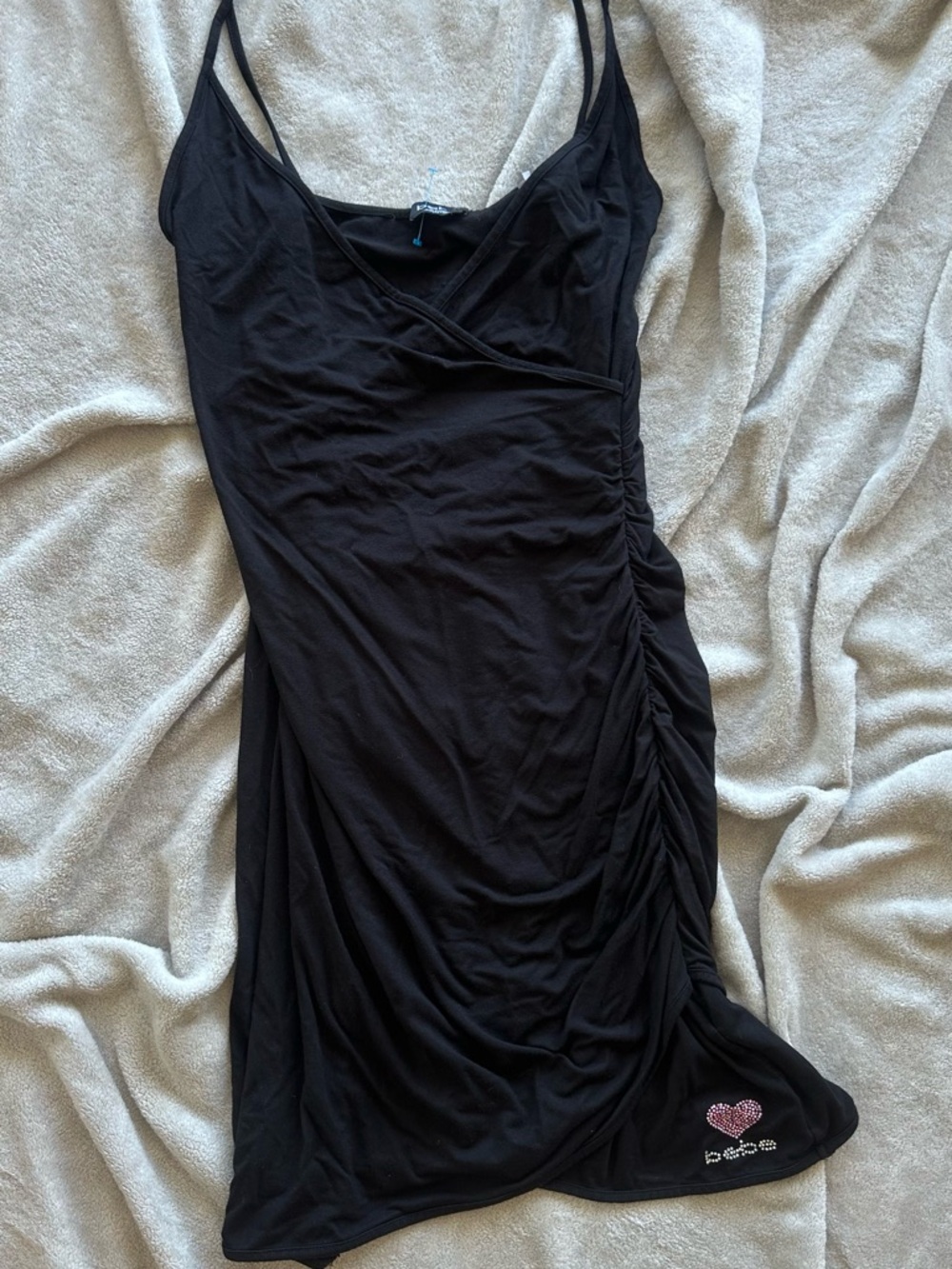 Y2K bebe Black Ruched  Mini Dress with Heart Embellishment